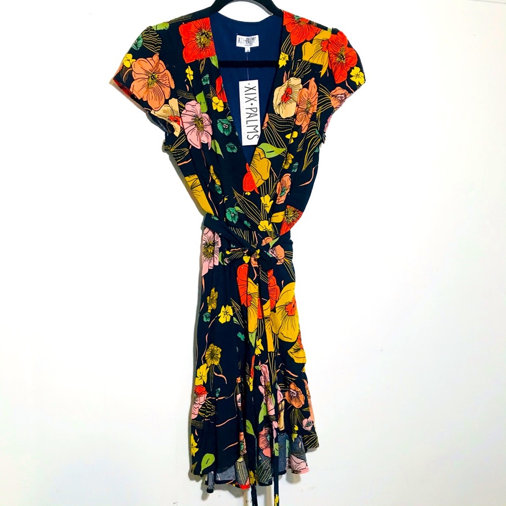 XIX PALMS NAVY Blue Wrap Dress W/ Floral Print